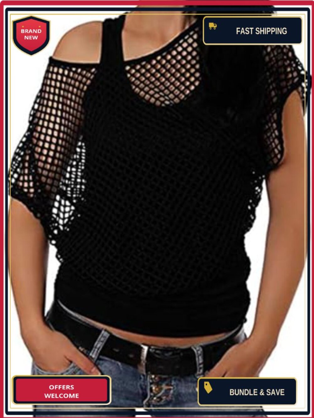 Women's 80s Costume Off Shoulder Fishnet Neon T-Shirt
